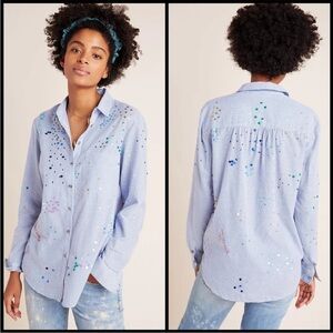 Pilcro by Anthropologie sequined/beaded blue & white striped button down size L